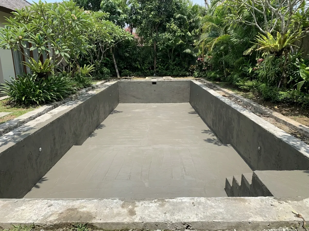 Empty swimming pool shell coated with cementitious waterproofing at a Bali villa